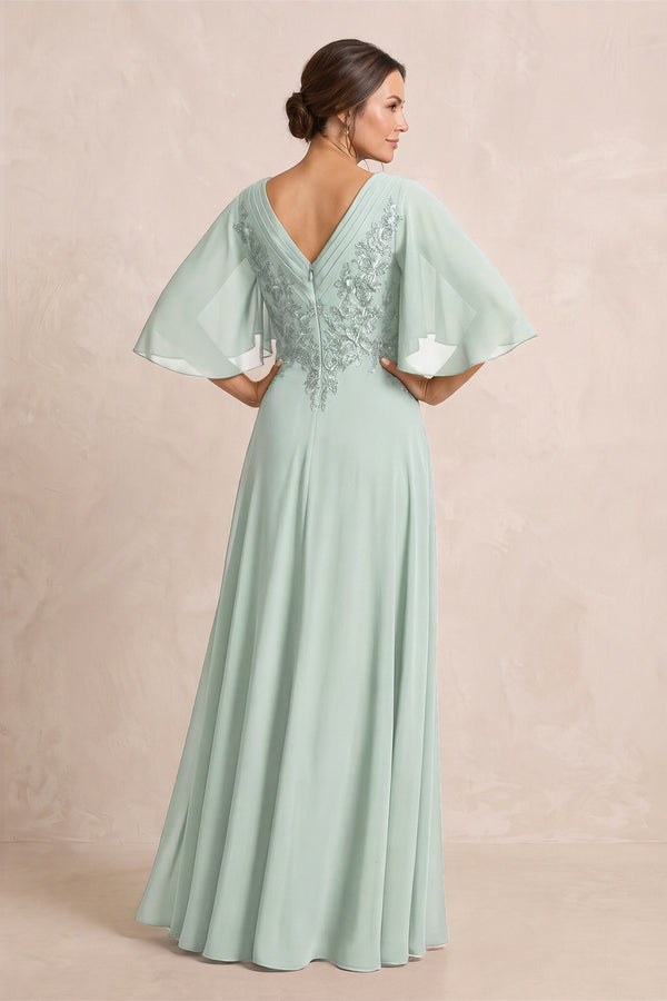 Sage A-Line Embroidered Chiffon Mother of the Bride Dress With Sleeves (2) | KISSBRIDAL