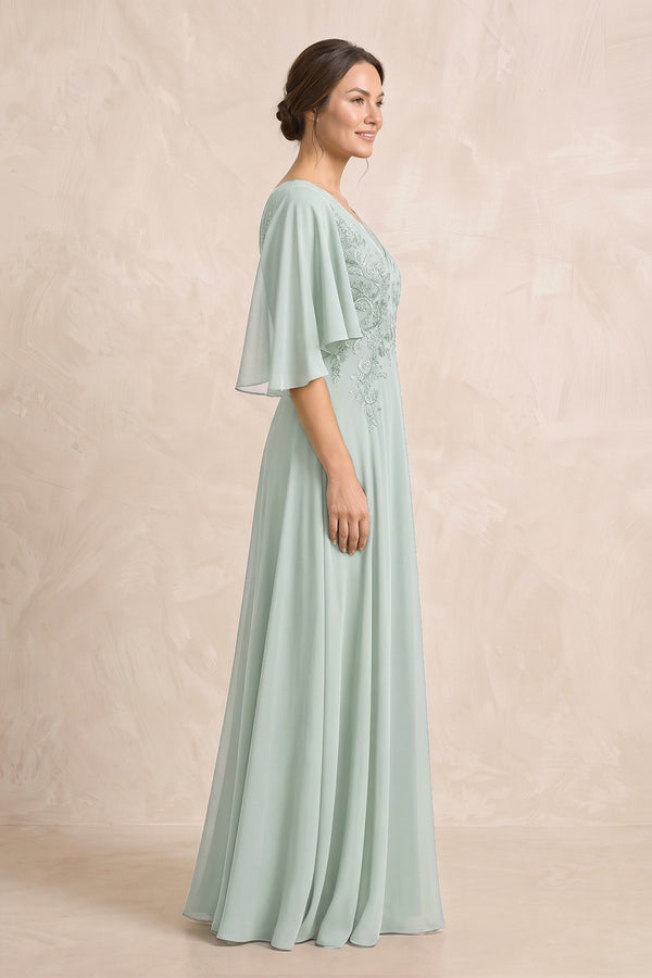 Sage A-Line Embroidered Chiffon Mother of the Bride Dress With Sleeves (3) | KISSBRIDAL