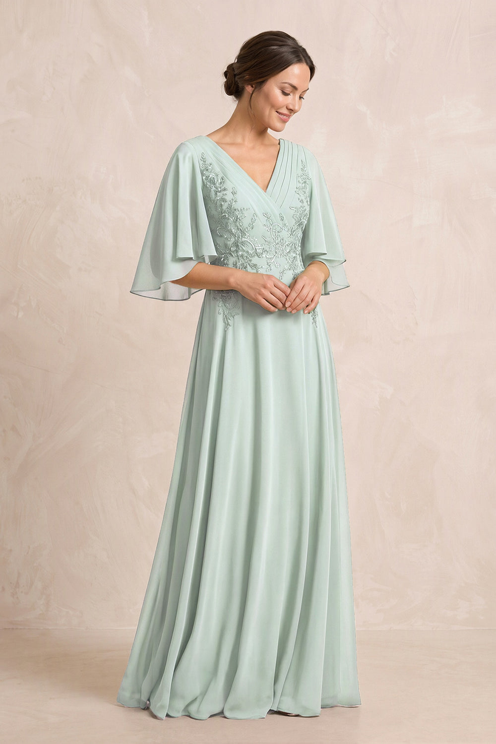 Sage A-Line Embroidered Chiffon Mother of the Bride Dress With Sleeves