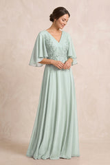 Sage A-Line Embroidered Chiffon Mother of the Bride Dress With Sleeves | KISSBRIDAL