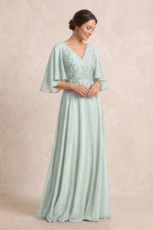 Sage A-Line Embroidered Chiffon Mother of the Bride Dress With Sleeves | KISSBRIDAL