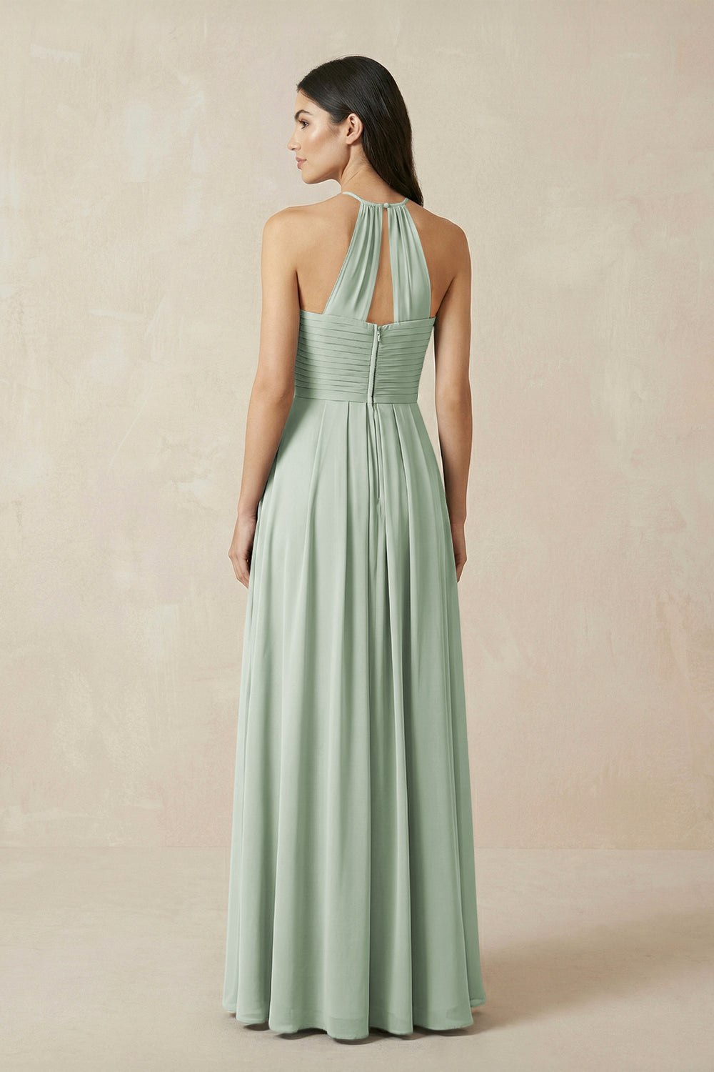A-Line Halter Neck Pleated Chiffon Bridesmaid Dress in Sage