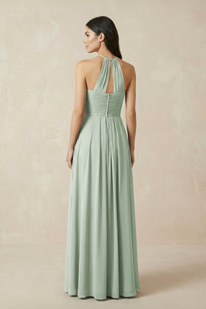 Sage A-Line Halter Neck Pleated Chiffon Bridesmaid Dress (2) | KISSBRIDAL