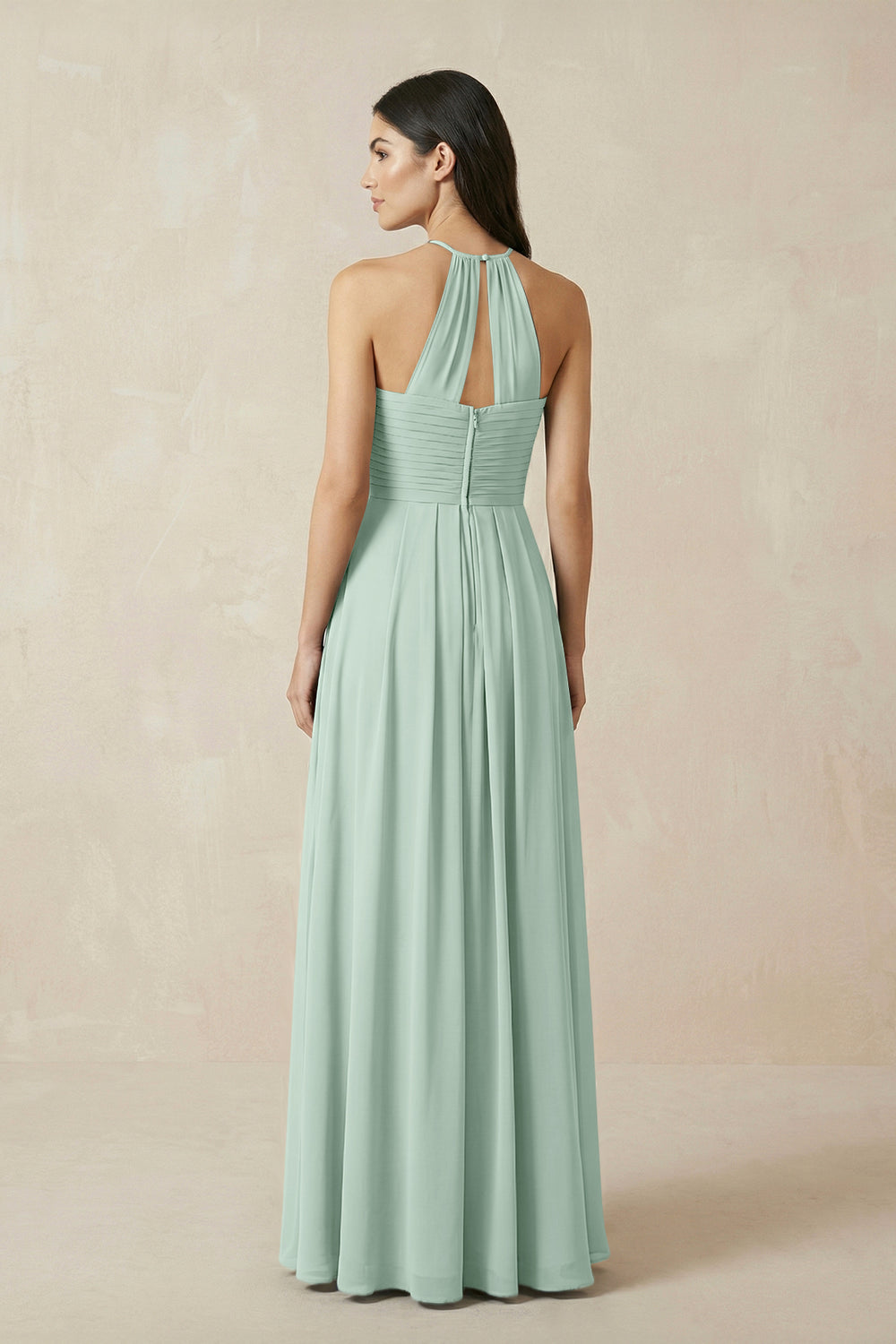 A-Line Halter Neck Pleated Chiffon Bridesmaid Dress in Sage