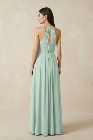 Sage A-Line Halter Neck Pleated Chiffon Bridesmaid Dress (2) | KISSBRIDAL