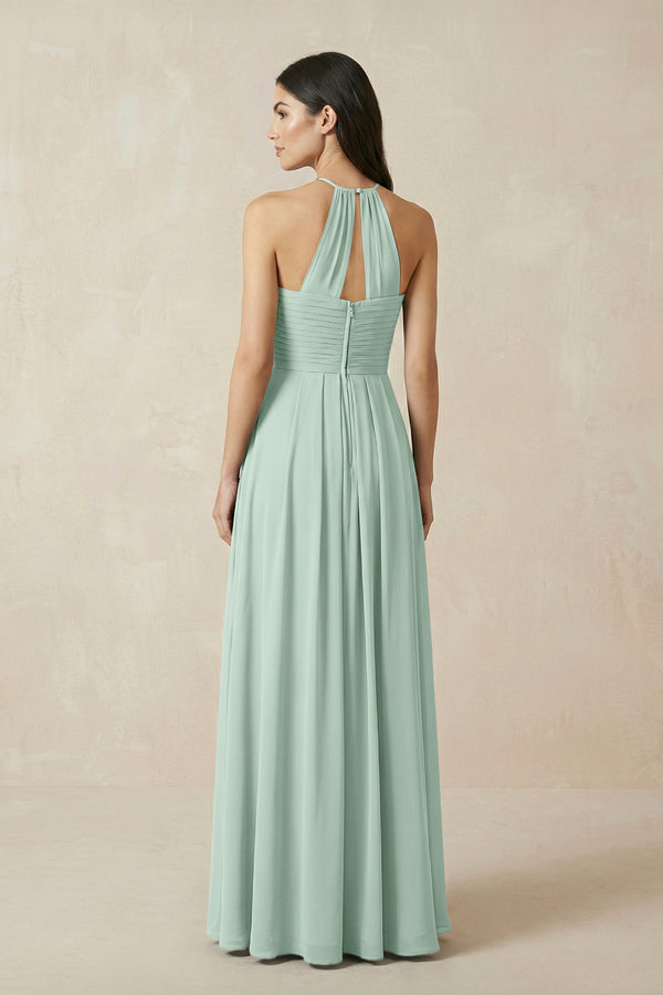 Sage A-Line Halter Neck Pleated Chiffon Bridesmaid Dress (2) | KISSBRIDAL