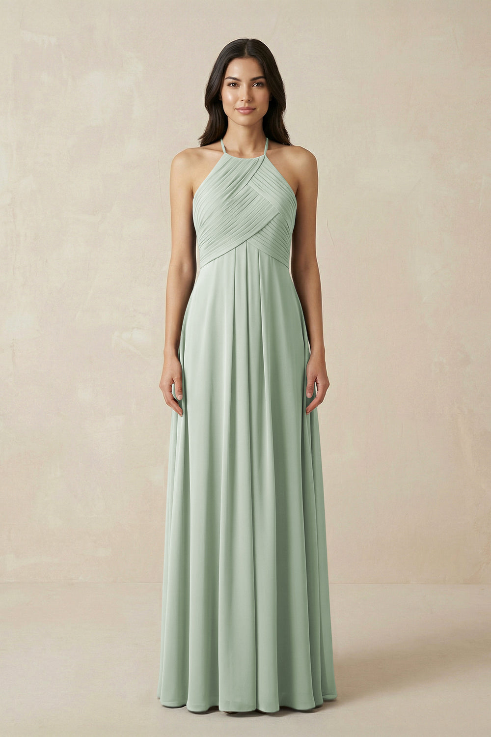 A-Line Halter Neck Pleated Chiffon Bridesmaid Dress in Sage