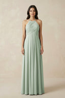 Sage A-Line Halter Neck Pleated Chiffon Bridesmaid Dress | KISSBRIDAL