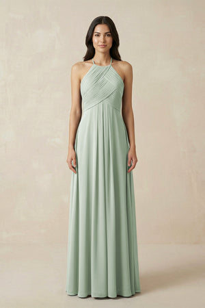 Sage A-Line Halter Neck Pleated Chiffon Bridesmaid Dress | KISSBRIDAL