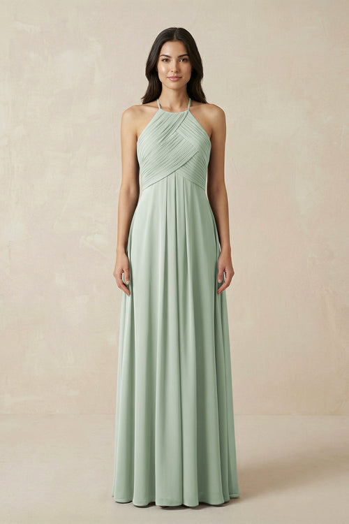 Sage A-Line Halter Neck Pleated Chiffon Bridesmaid Dress | KISSBRIDAL