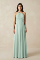 Sage A-Line Halter Neck Pleated Chiffon Bridesmaid Dress | KISSBRIDAL