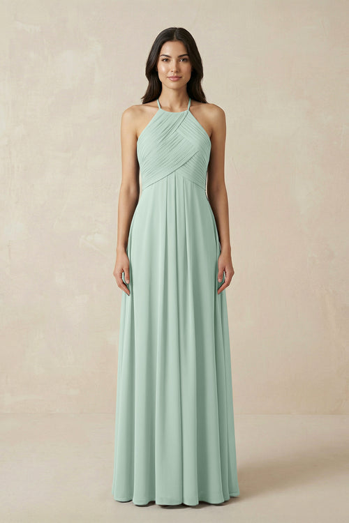 Sage A-Line Halter Neck Pleated Chiffon Bridesmaid Dress | KISSBRIDAL