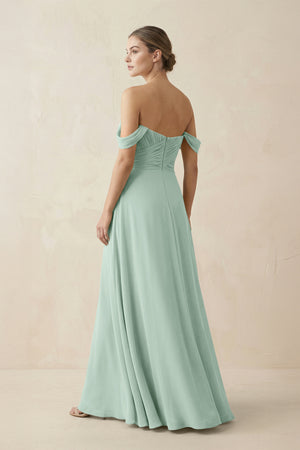 Sage A-Line Off-the-Shoulder Chiffon Bridesmaid Dress (2) | KISSBRIDAL