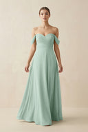 Sage A-Line Off-the-Shoulder Chiffon Bridesmaid Dress | KISSBRIDAL