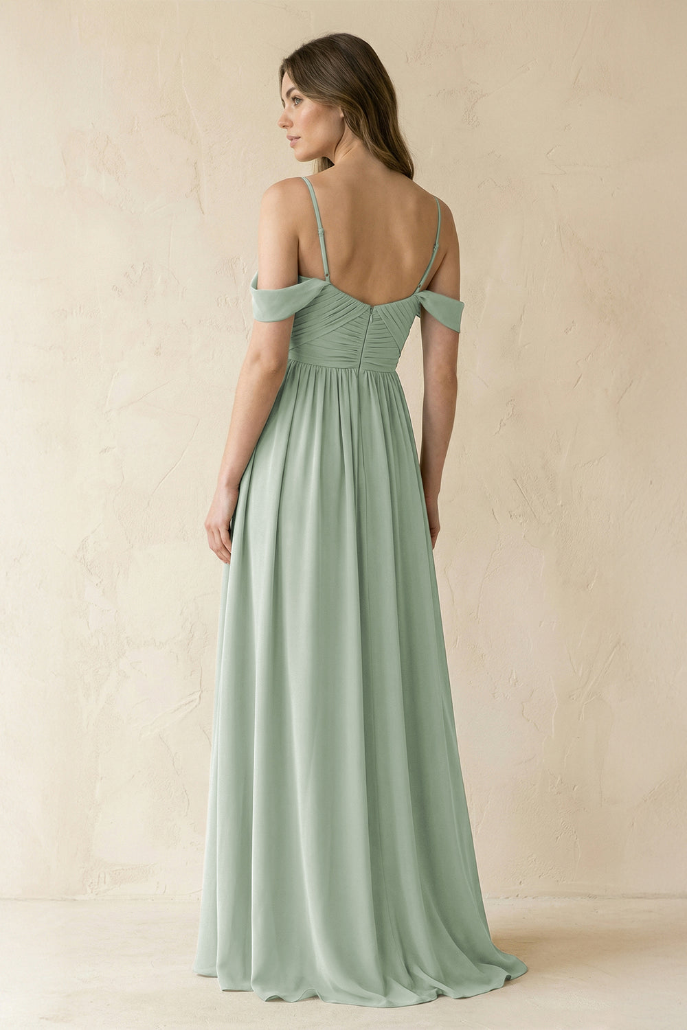A-Line Off-the-Shoulder Pleated Chiffon Bridesmaid Dress in Sage