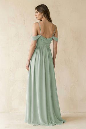 Sage A-Line Off-the-Shoulder Pleated Chiffon Bridesmaid Dress (2) | KISSBRIDAL