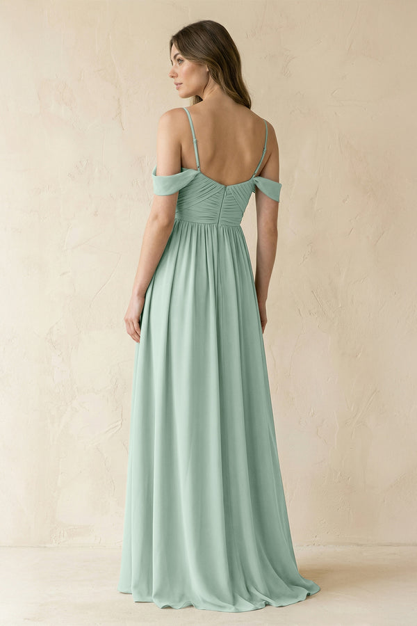 Sage A-Line Off-the-Shoulder Pleated Chiffon Bridesmaid Dress (2) | KISSBRIDAL