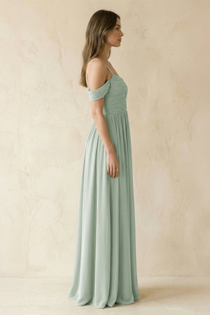 Sage A-Line Off-the-Shoulder Pleated Chiffon Bridesmaid Dress (3) | KISSBRIDAL