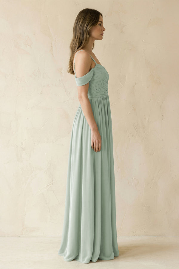 Sage A-Line Off-the-Shoulder Pleated Chiffon Bridesmaid Dress (3) | KISSBRIDAL