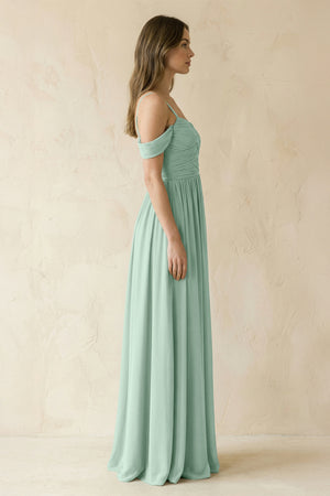 Sage A-Line Off-the-Shoulder Pleated Chiffon Bridesmaid Dress (3) | KISSBRIDAL