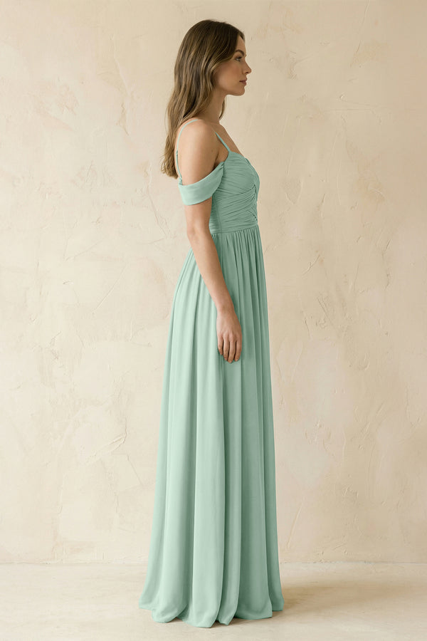 Sage A-Line Off-the-Shoulder Pleated Chiffon Bridesmaid Dress (3) | KISSBRIDAL