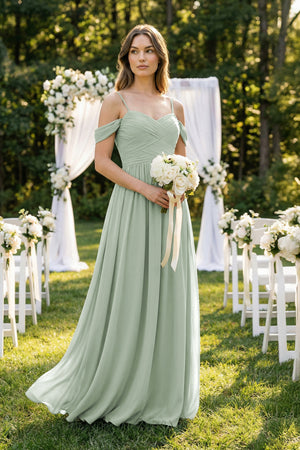 Sage A-Line Off-the-Shoulder Pleated Chiffon Bridesmaid Dress (4) | KISSBRIDAL