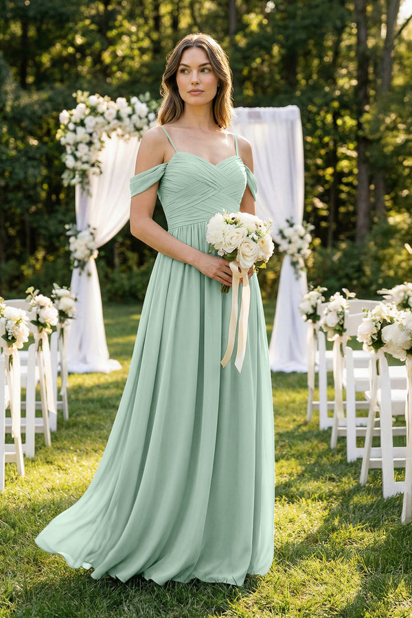 Sage A-Line Off-the-Shoulder Pleated Chiffon Bridesmaid Dress (4) | KISSBRIDAL
