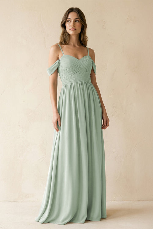 Sage A-Line Off-the-Shoulder Pleated Chiffon Bridesmaid Dress | KISSBRIDAL