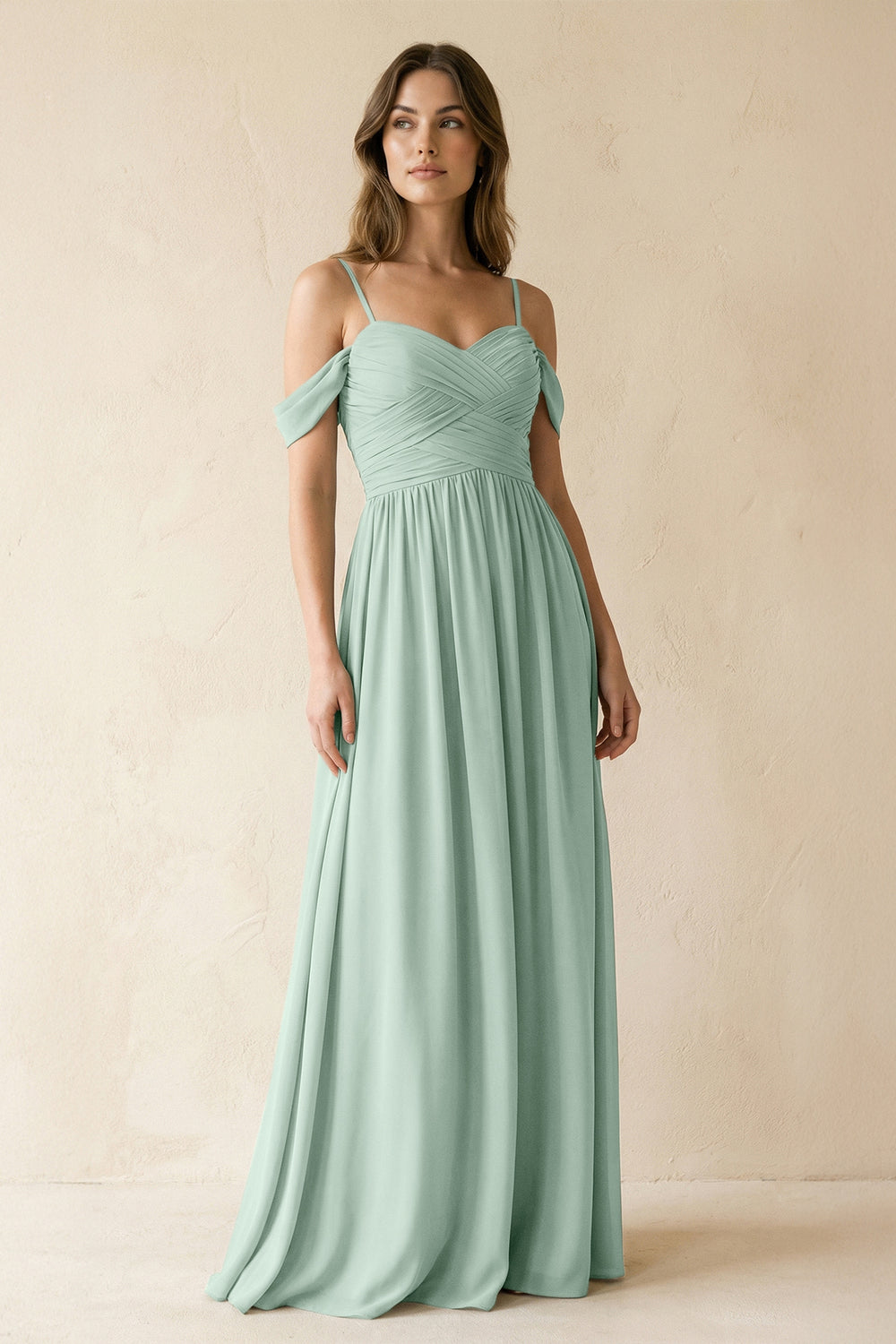 A-Line Off-the-Shoulder Pleated Chiffon Bridesmaid Dress in Sage