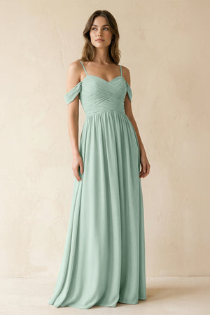 Sage A-Line Off-the-Shoulder Pleated Chiffon Bridesmaid Dress | KISSBRIDAL