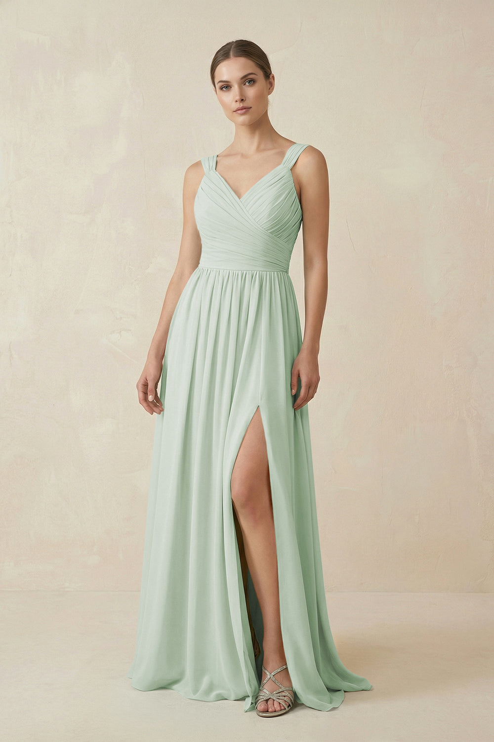 A-Line Pleated Chiffon Long Bridesmaid Dress in Sage