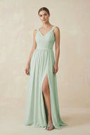 Sage A-Line Pleated Chiffon Long Bridesmaid Dress (2) | KISSBRIDAL
