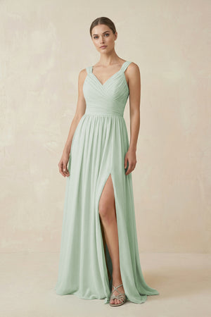 Sage A-Line Pleated Chiffon Long Bridesmaid Dress (2) | KISSBRIDAL