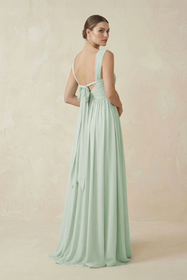Sage A-Line Pleated Chiffon Long Bridesmaid Dress | KISSBRIDAL