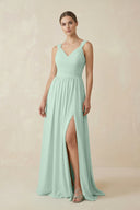 Sage A-Line Pleated Chiffon Long Bridesmaid Dress | KISSBRIDAL