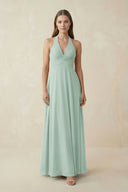 Sage A-Line Pleated Chiffon V-Neck Bridesmaid Dress | KISSBRIDAL