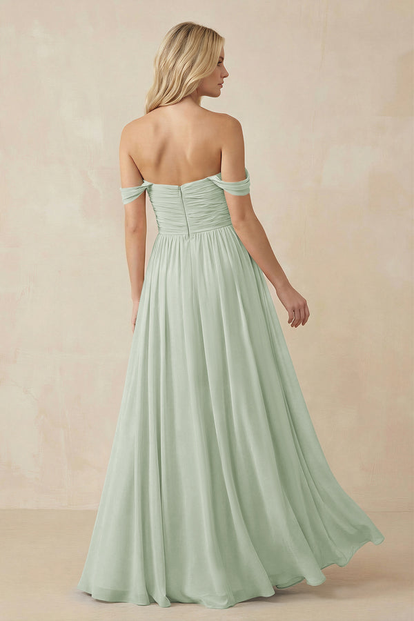 Sage A-Line Pleated Long Chiffon Bridesmaid Dress (2) | KISSBRIDAL