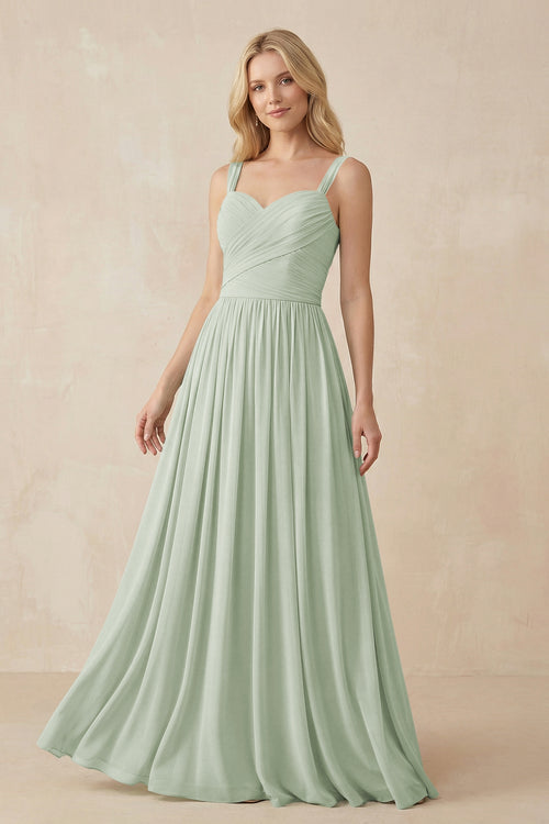 Sage A-Line Pleated Long Chiffon Bridesmaid Dress | KISSBRIDAL