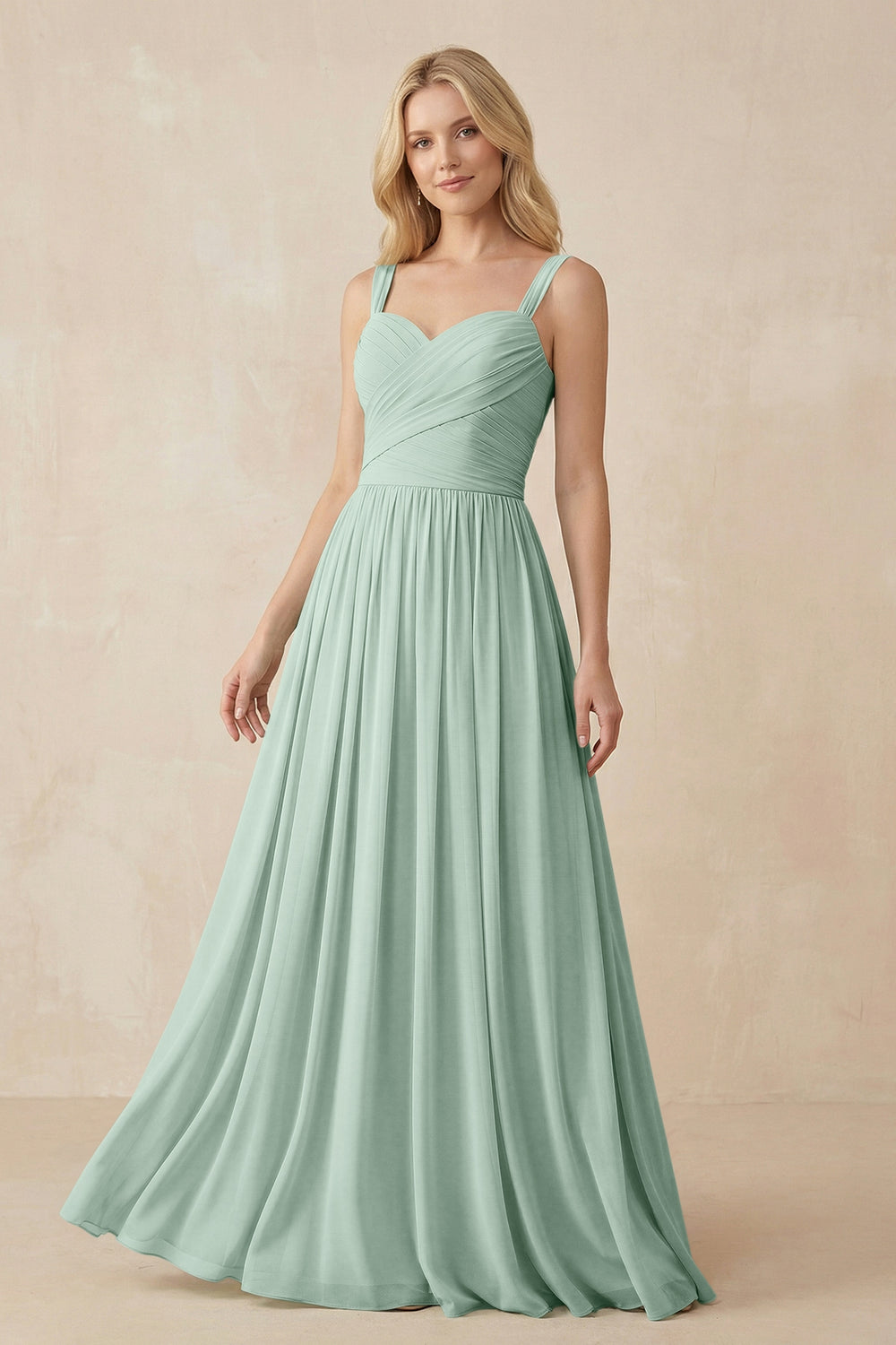 A-Line Pleated Long Chiffon Bridesmaid Dress in Sage