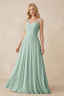 Sage A-Line Pleated Long Chiffon Bridesmaid Dress | KISSBRIDAL