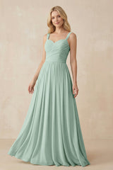Sage A-Line Pleated Long Chiffon Bridesmaid Dress | KISSBRIDAL