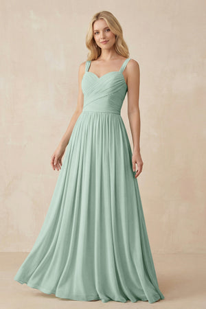 Sage A-Line Pleated Long Chiffon Bridesmaid Dress | KISSBRIDAL