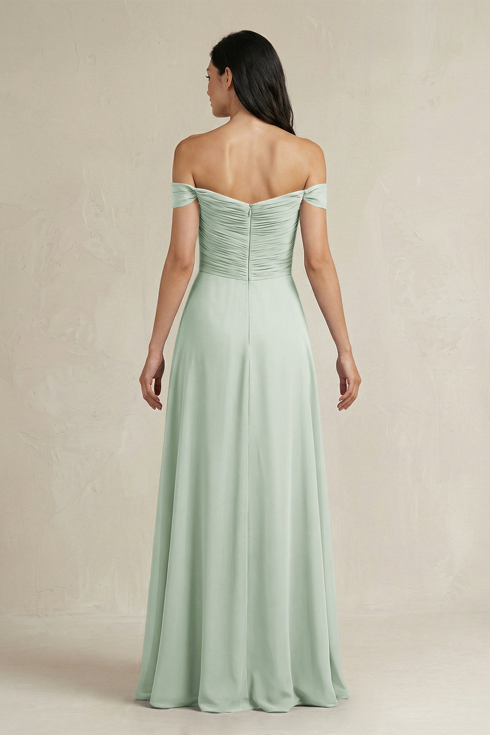 A-Line Pleated Off-the-Shoulder Chiffon Bridesmaid Dress in Sage