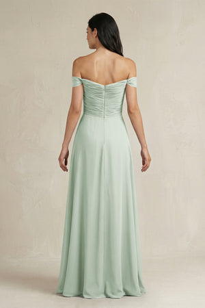 Sage A-Line Pleated Off-the-Shoulder Chiffon Bridesmaid Dress (2) | KISSBRIDAL