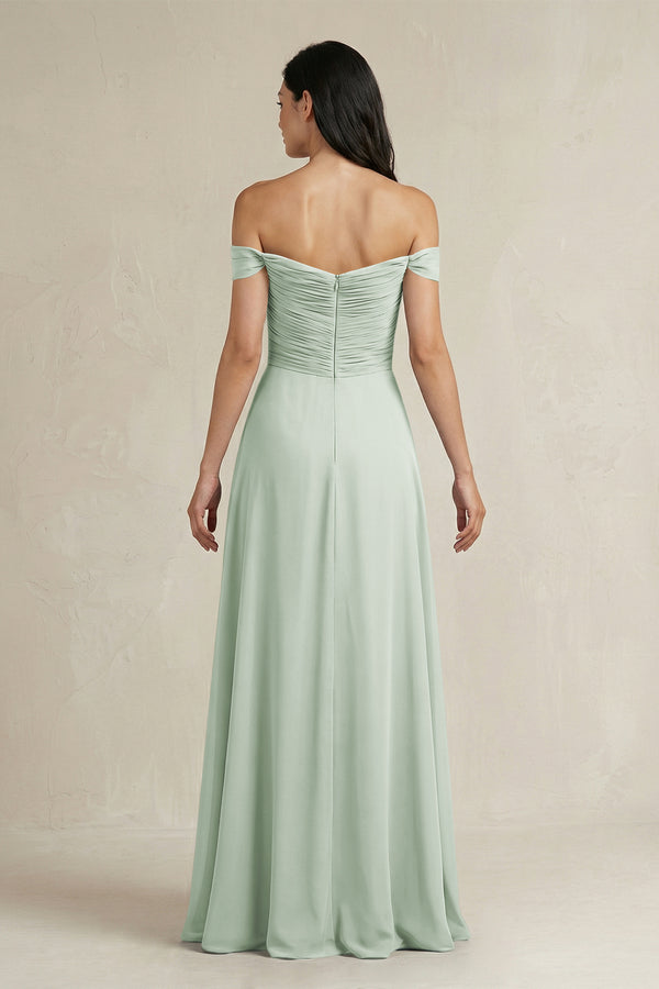 Sage A-Line Pleated Off-the-Shoulder Chiffon Bridesmaid Dress (2) | KISSBRIDAL