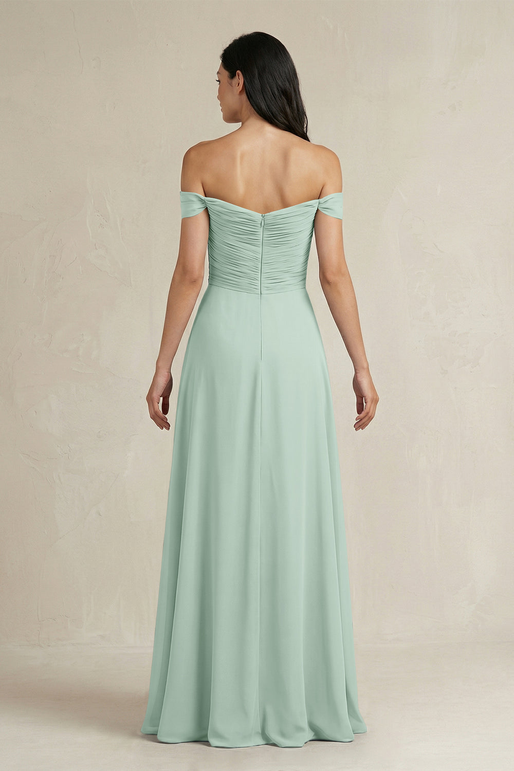 A-Line Pleated Off-the-Shoulder Chiffon Bridesmaid Dress in Sage