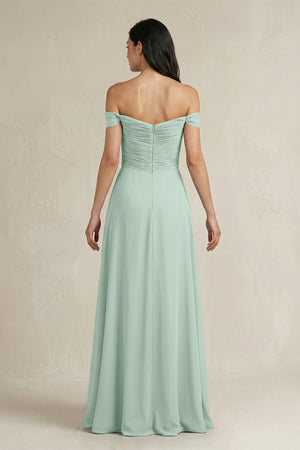 Sage A-Line Pleated Off-the-Shoulder Chiffon Bridesmaid Dress (2) | KISSBRIDAL