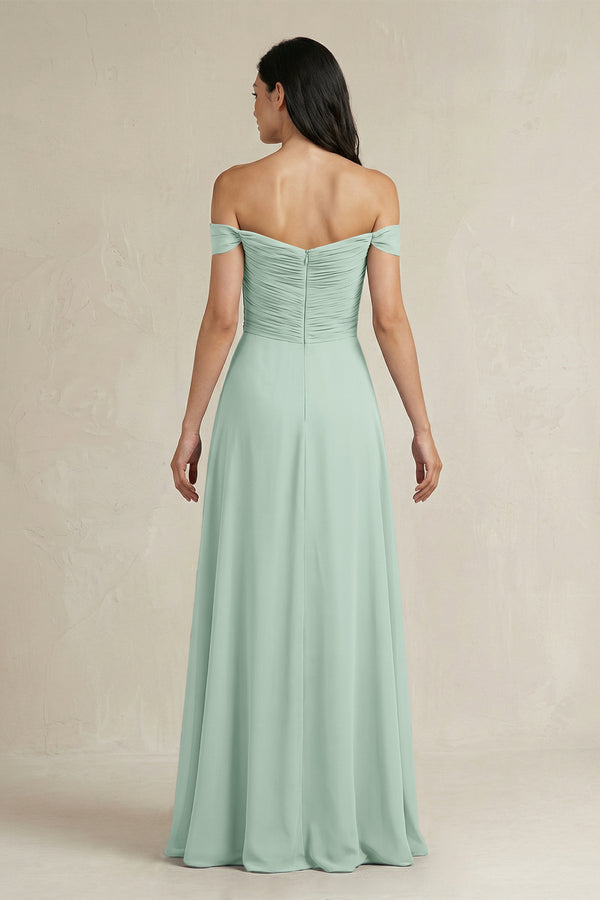 Sage A-Line Pleated Off-the-Shoulder Chiffon Bridesmaid Dress (2) | KISSBRIDAL