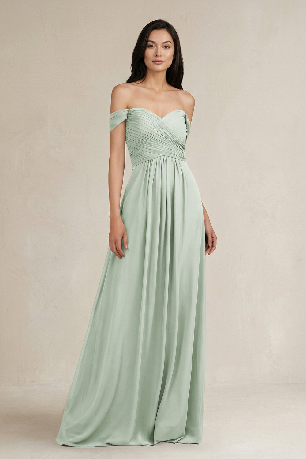 A-Line Pleated Off-the-Shoulder Chiffon Bridesmaid Dress in Sage
