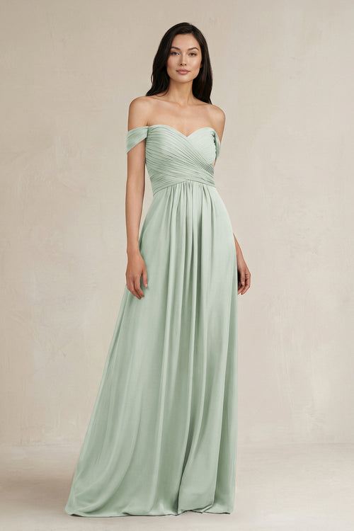 Sage A-Line Pleated Off-the-Shoulder Chiffon Bridesmaid Dress | KISSBRIDAL